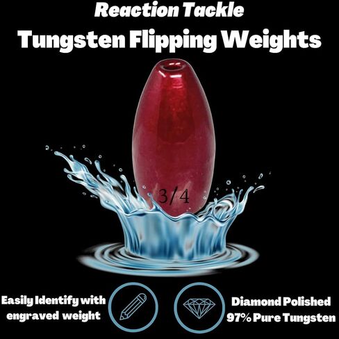 Reaction Tackle Tungsten Flipping Weights for Bass Fishing - Sinkers for Punching Through Heavy Cover - for Texas and Carolina Rigs - Size Stamped on All Weights for Fresh and Saltwater in Saudi Arabia