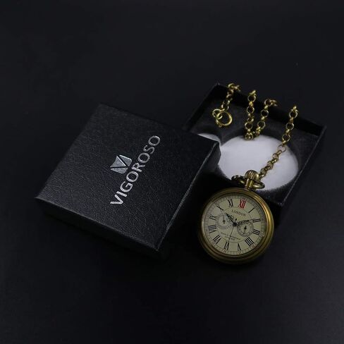 VIGOROSO Men's Vintage Full Copper Hand-Wind Mechanical Second&24hours Sub-dials Pocket Watch in Box in Saudi Arabia