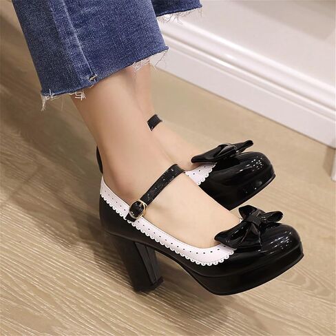 FOREADA Lolita Bow Platform High Heel Women Rockabilly Mary Jane | Features soft kawaii retro lolita tea party aesthetic, block heel, bow and round toe, versatile for dress wear in Saudi Arabia