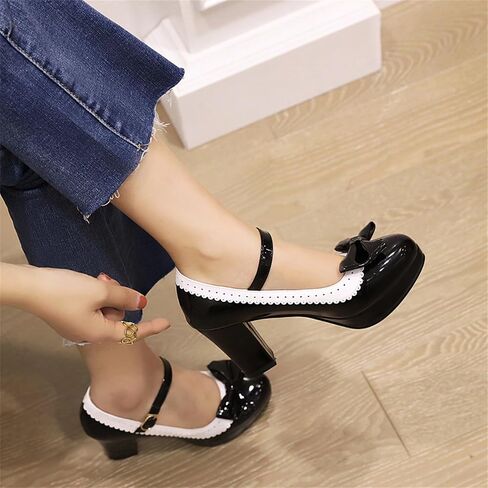 FOREADA Lolita Bow Platform High Heel Women Rockabilly Mary Jane | Features soft kawaii retro lolita tea party aesthetic, block heel, bow and round toe, versatile for dress wear in Saudi Arabia