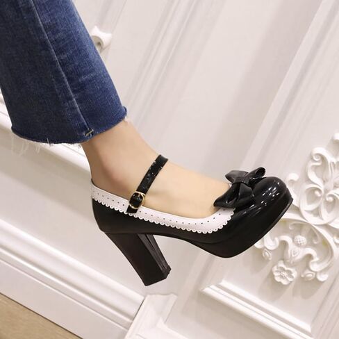 FOREADA Lolita Bow Platform High Heel Women Rockabilly Mary Jane | Features soft kawaii retro lolita tea party aesthetic, block heel, bow and round toe, versatile for dress wear in Saudi Arabia