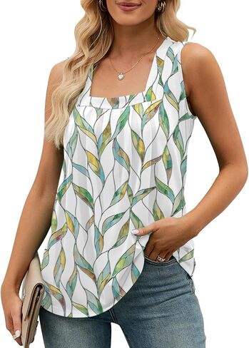 AKEWEI Summer Tank Top for Women Square Neck Sleeveless Tops Flowy Pleated Tunic Loose Fit S-3XL in Kuwait