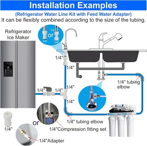 Refrigerator Water Line Kit Connection and 1/4 Compression Ice Maker Installation Kit,1/4" OD Tubing with Quick Connect for Fridge Icemaker RO Systems Water Filters Faucet,+Feed Water Adapter 25ft in Saudi Arabia