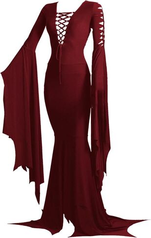 فستان Onancehim للسيدات من القرون الوسطى Morticia، فستان ساحر، رقبة على شكل حرف V، أزياء الهالوين للنساء، فستان قوطي عتيق in Kuwait