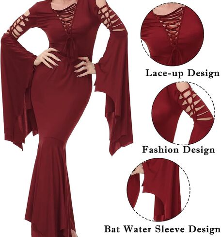 فستان Onancehim للسيدات من القرون الوسطى Morticia، فستان ساحر، رقبة على شكل حرف V، أزياء الهالوين للنساء، فستان قوطي عتيق in Kuwait
