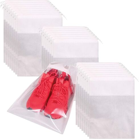 24 Pack Portable Shoe Bags for Travel Large Shoes Pouch Storage Organizer Clear Window with Drawstring for Men and Women Black in Kuwait