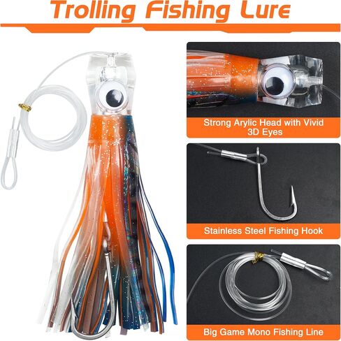 9 inch / 6 inch Trolling Lure Saltwater Marlin Tuna Dolphin Shark Wahoo Deep Sea Fishing Lures Bait Rigged Squid Skirt Leader Hook Offshore Big Game Trolling Lures in Saudi Arabia