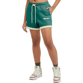 Champion, Classic, Comfortable, Fleece Shorts for Women, 3.5", Country Walnut/Yellow Stone Small Script