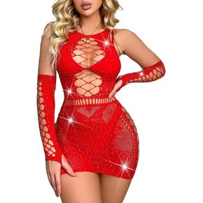 Ella Lust Sexy Sparkly Rhinestone Bodysuit - Rave Exotic Mesh Outfits Fishnet Club Dancewear Jumpsuit Cutout Romper for Women