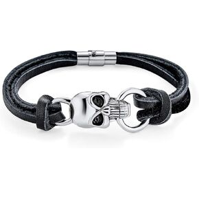 Biker Jewelry Hip Hop Goth Punk Rock White Crystal Disco Ball Leather Skull Bracelet for Men Teens Black Cord String Adjustable