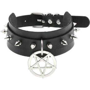 Multicolor PU Simulated Leather Silvert-Tone Spikes Rivets Pentacle Star Charm Collar Choker Necklace