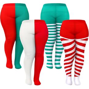 Liitrsh 4 Pairs Christmas Striped Tights Plus Size Candy Cane Full Length Stretchy Leggings Red and White Green Striped Stockings for Women Adult Christmas Cosplay Costume Party, XXL
