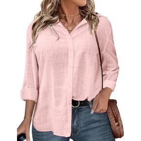 IN'VOLAND Womens Plus Size Button Down Shirt Linen Collared Shirt Long Sleeve Cotton Button Front Shirt Work Blouse Tops