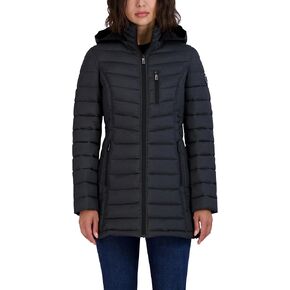 Nautica Women's 3/4 Midweight Stretch Puffer Jacket with Hood, Charcoal, Small