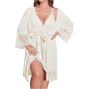 GORGLITTER Women's Plus 2 Piece Robe Pajamas Set Lace Cami Nightgown and Robes Nightwear