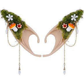 FRESHME Forest Mushroom Elf Ears, Soft Fairy Ears with Mushroom Moss and Flower Elven Ear Cuffs Halloween Renaissance Cosplay