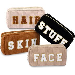 4 Pcs Preppy Patch Makeup Bag Corduroy Cosmetic Bag Makeup Accessories Skincare Bag Chenille Letter Bag Portable Zipper Face Bag Cute Girls Toiletry Bag for Women Travel (Pink, Brown Series Color)