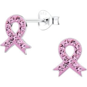 925 Sterling Silver Pink Crystals Breast Cancer Ribbon Stud Earrings