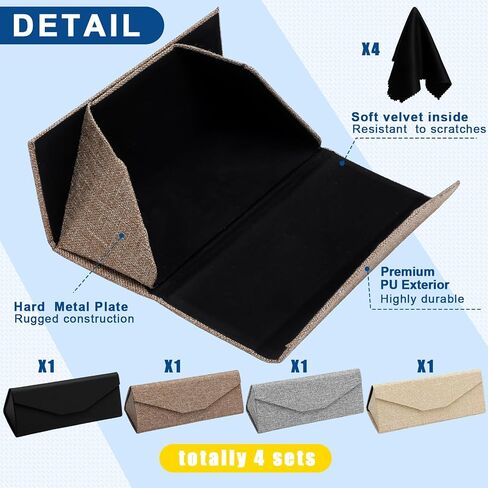 4 Pack Foldable Glasses Sunglasses Case PU Hard Shell Eyeglasses Case Leather Glass Case with 4 Microfiber Cleaning Cloths for Men Women Eyewear Storage Holder in Kuwait
