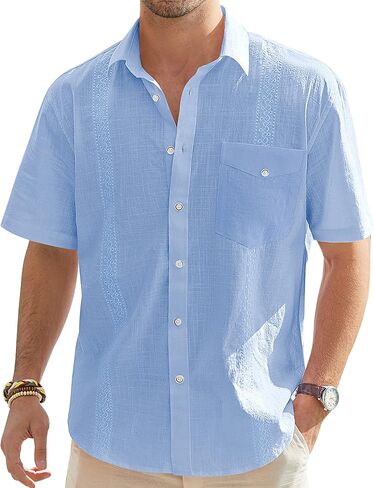 قمصان J.VER للرجال من القطن والكتان بأكمام قصيرة، قمصان كاجوال خفيفة الوزن بأزرار سفلية، قمصان صيفية للشاطئ مع جيب in Kuwait