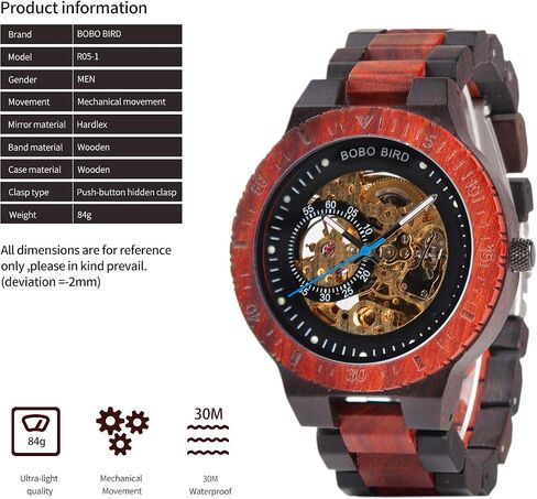 BOBO BIRD Mens Wooden Watches Luxury Mechanical Watch Lightweight Wood Band Timepieces for Men with Gift Box in Saudi Arabia