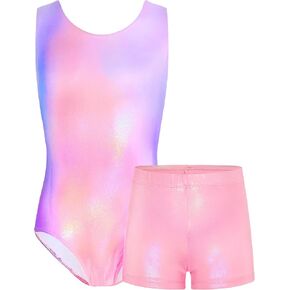 TENVDA Gymnastics Leotards for Girls 5-12 Years Old Sparkly Dance Tumbling Outfit Matching Shorts Set