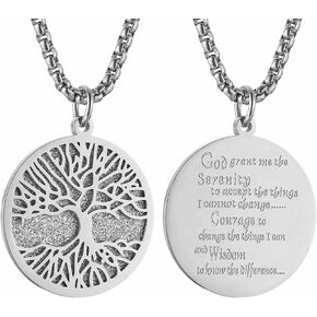 HZMAN Two Piece Serenity Prayer Stainless Steel Pendant Necklace With Tree Of Life Cut Out 22+2" Chain
