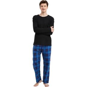 GLOBAL Men’s Flannel Pajama Set 100% Cotton Pijamas Elastic and Drawstring Bottoms and Crew Neck Tops in Kuwait