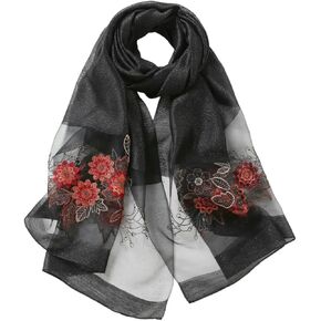 Jeelow Silk Wool Fashion Scarf Shawl Wrap Lightweight Sheer For Women Floral Embroidery Wedding Party Prom