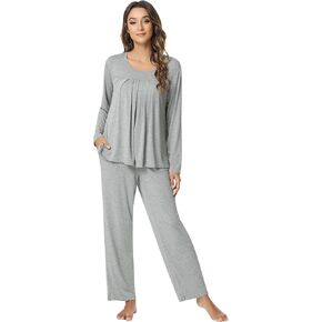 NACHILA Women's Bamboo Pajamas Set Crew Neck Sleepwear Long Sleeve Pjs Soft Loungewear Loose Pajama Sets S-XXL