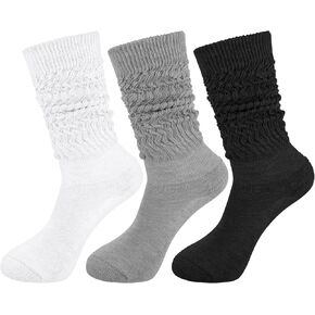 3 Pairs Women's Slouch Socks Warm Cotton Scrunchie Socks Heavy Knitted Boot Sock Extra Long Stacked Socks Size 9 to 11 (Black/White/Gray)