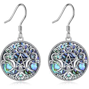 YFN Triple Moon Goddess Earrings Sterling Silver Pentagram Pentacle Earrings Pagan Wiccan Magic Amulet Tree of Life Jewelry for Women