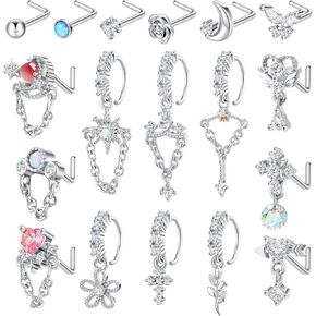 Sasylvia 18 Pcs Dangle Nose Rings l Shaped Dangling Nose Stud 20g Cute Stainless Steel Nose Ring Hoop Indian Nose Piercing Jewelry with Charm for Women
