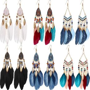 6 Pairs Women Faux Feather Earrings Dream Catcher Earring Bohemian Fringe Tassel Long Drop Dangle Earrings Set with Design for Women in Kuwait