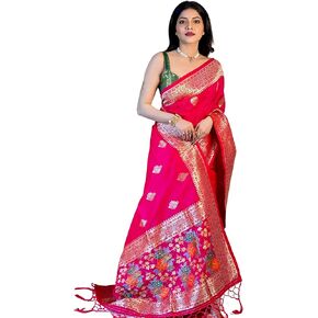 ساري حرير باناراسي وردي من KNETLI للنساء، ساري عمل زاري هندي تقليدي للنساء مع بلوزة غير مخيطة in Kuwait