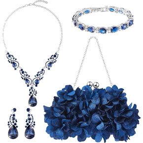 Paterr 4 Pcs Flower Clutch Rhinestone Jewelry Set for Women Roses Clutch Handbags with Detachable Strap Bling Crystal Detachable Necklace Earrings Bracelets Set for Evening Prom Bridal Wedding