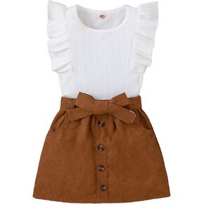 SHENHE 2pcs Girl's Skirt Outfits Ruffled Ribbed Cap Sleeve T Shirt and Button Down Tie Front Skirt Set White and Brown 150
