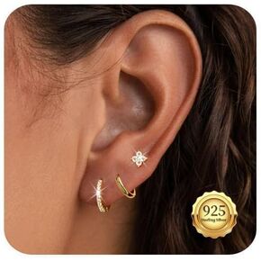 Kenivira Stud Earrings Set for Women, 14K Gold Plated Hypoallergenic Dainty Earrings Girls,3 Pairs Small Cartilage Flat Back Trendy Hoop CZ Earring Gift for Her