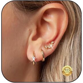 Kenivira Stud Earrings Set for Women, 14K Gold Plated Hypoallergenic Dainty Earrings Girls,3 Pairs Small Cartilage Flat Back Trendy Hoop CZ Earring Gift for Her