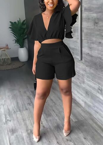 AIIYYQB Womens Summer Two Piece Shorts Outfit Sexy Crop Top Butterfly Sleeve 2 pc Short Set Vacation Brunch Matching Set in Kuwait