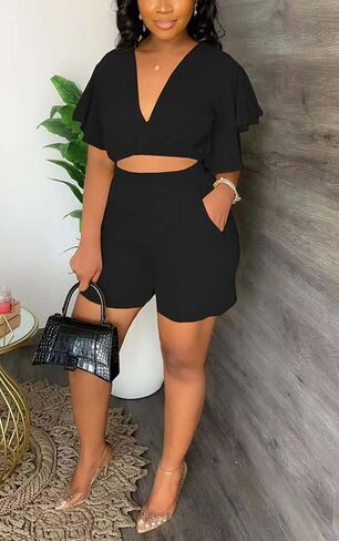AIIYYQB Womens Summer Two Piece Shorts Outfit Sexy Crop Top Butterfly Sleeve 2 pc Short Set Vacation Brunch Matching Set in Kuwait