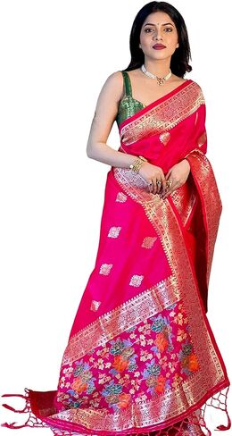 ساري حرير باناراسي وردي من KNETLI للنساء، ساري عمل زاري هندي تقليدي للنساء مع بلوزة غير مخيطة in Kuwait