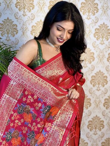 ساري حرير باناراسي وردي من KNETLI للنساء، ساري عمل زاري هندي تقليدي للنساء مع بلوزة غير مخيطة in Kuwait