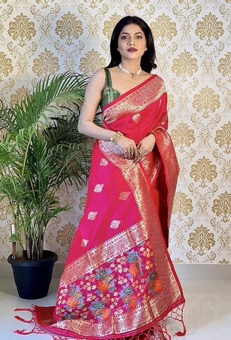 ساري حرير باناراسي وردي من KNETLI للنساء، ساري عمل زاري هندي تقليدي للنساء مع بلوزة غير مخيطة in Kuwait