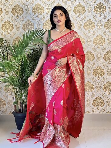 ساري حرير باناراسي وردي من KNETLI للنساء، ساري عمل زاري هندي تقليدي للنساء مع بلوزة غير مخيطة in Kuwait