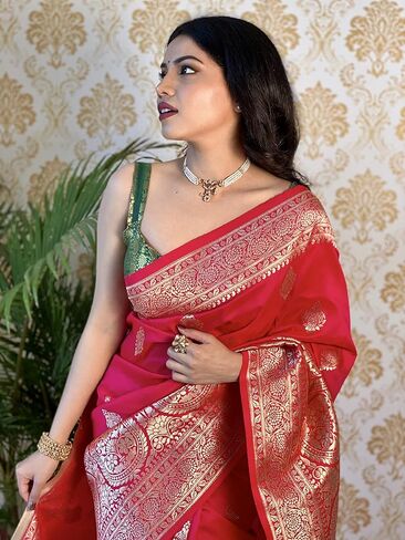 ساري حرير باناراسي وردي من KNETLI للنساء، ساري عمل زاري هندي تقليدي للنساء مع بلوزة غير مخيطة in Kuwait