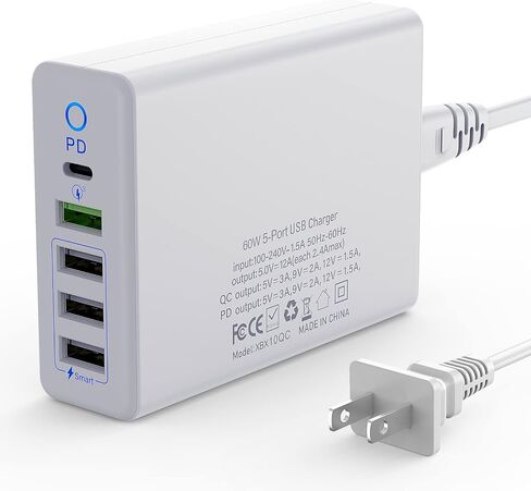USB Wall Charger, Multiport Fast Charging Block, USB Fast Charger 60W 5 Port Charger Station PD Adapter for All cell Phone, Tablet -White in Saudi Arabia