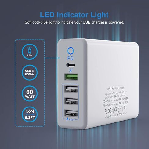 USB Wall Charger, Multiport Fast Charging Block, USB Fast Charger 60W 5 Port Charger Station PD Adapter for All cell Phone, Tablet -White in Saudi Arabia