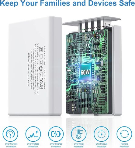 USB Wall Charger, Multiport Fast Charging Block, USB Fast Charger 60W 5 Port Charger Station PD Adapter for All cell Phone, Tablet -White in Saudi Arabia