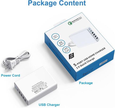 USB Wall Charger, Multiport Fast Charging Block, USB Fast Charger 60W 5 Port Charger Station PD Adapter for All cell Phone, Tablet -White in Saudi Arabia